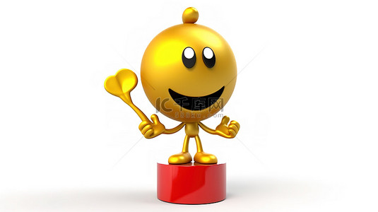 3D 渲染的吉祥物人物拿着白色背景上红心的金奖奖杯