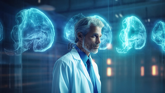 数字脑扫描全息图 3D 渲染与模糊背景中的医生