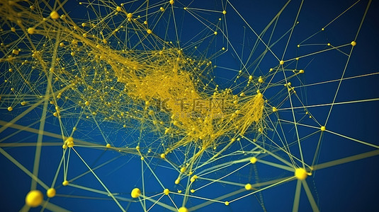 带有黄色 3d 几何线框网络的蓝色背景和抽象渲染中的连接点
