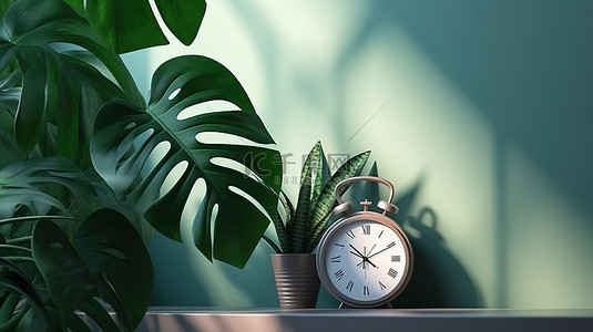 带阴影和时钟的龟背竹植物的 3d 渲染