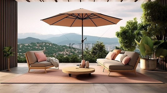 现代室内设计中配有现代家具的 3D 渲染户外露台景观