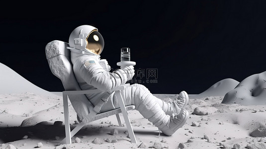 月球宇航员在月球上的沙滩椅上享用冰镇啤酒 3d 渲染