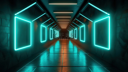 发光霓虹灯背景图片_沿着黑暗隧道墙壁指向的发光霓虹灯箭头的 3D 插图