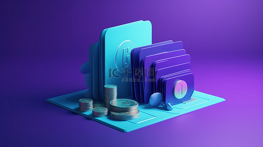 3D钱包中的储蓄符号蓝色硬币信用卡紫色背景说明概念