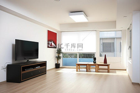 有有有背景图片_房间有白色的墙壁木地板和带有黑色窗框的白色电视