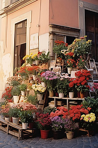 法国街边背景图片_人和物品是一家街边的小花店