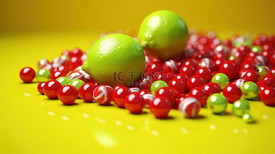 吉和彩色背景图片_充满活力的 3D 酸橙汁，红色背景上有柠檬和彩色球