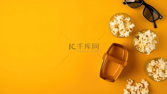 黄色背景，配有电影必需品零食碗啤酒瓶电视遥控器和 3D 眼镜