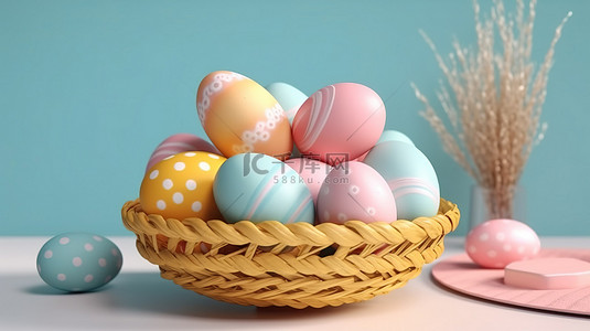 充满活力的复活节彩蛋坐落在 3D 渲染桌子上的柔和蓝色篮子中