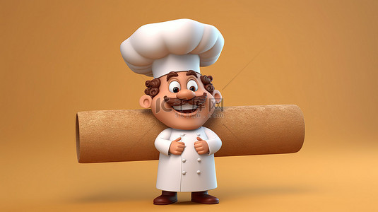 卡通厨师在 3D 插图中挥舞着巨大的擀面杖