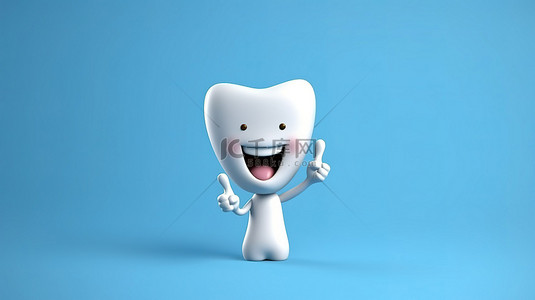 牙齿种植牙背景图片_3D 渲染的卡通手拿着牙齿剪贴画在蓝色背景下