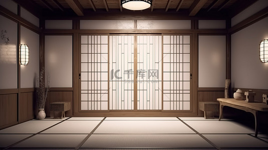 传统日式背景图片_在 3D 中设计带有榻榻米地板和白纸门的传统日式房间