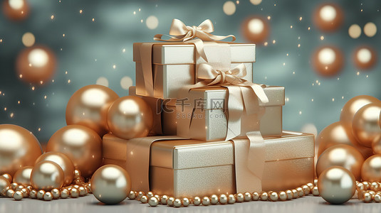 礼品广告背景图片_3D 渲染的礼品盒和珍珠非常适合节日促销网页横幅或广告海报