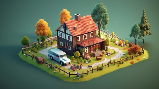 房屋卡通背景图片_乡村主题等距景观与迷人房屋的 3D 渲染