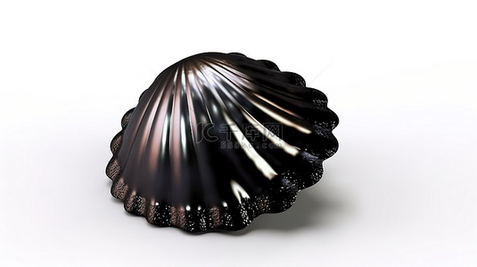 乌木优雅 3D 渲染黑色扇形贝壳，白色背景上有白色珍珠