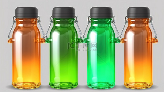 带橙色和绿色硅胶手柄的逼真水瓶的独立 3D 插图