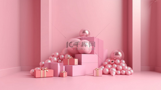 带有粉红色讲台和礼品盒的 3D 渲染图像的圣诞展示