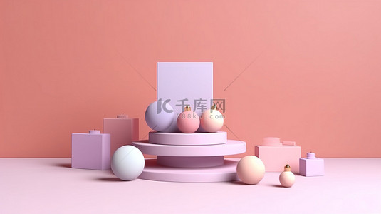 礼品盒图背景图片_柔和色彩的节日背景的 3D 渲染，配有展示架和礼品盒
