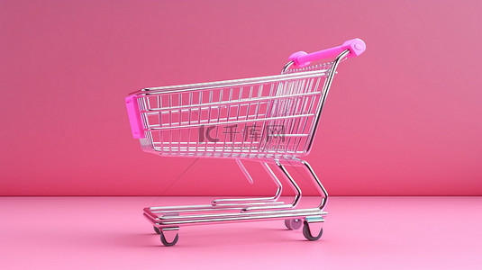 带有粉红色购物车的概念商业商店的 3D 渲染
