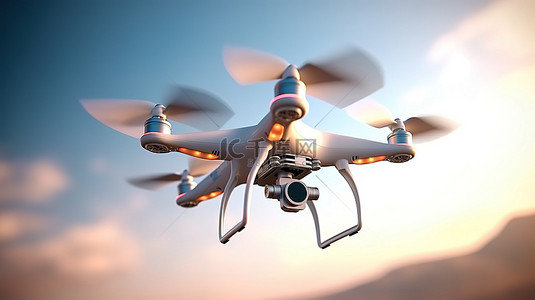 无人机在天空背景下飞行的鸟瞰图 3D 渲染