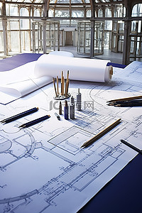 一张绘图桌，上面有蓝图和工具