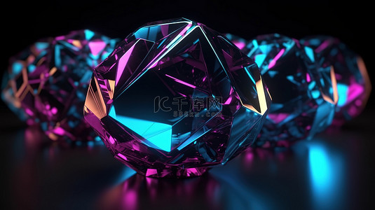 黑色金属面水晶抽象背景，带有充满活力的霓虹粉色和蓝色发光 3d 渲染