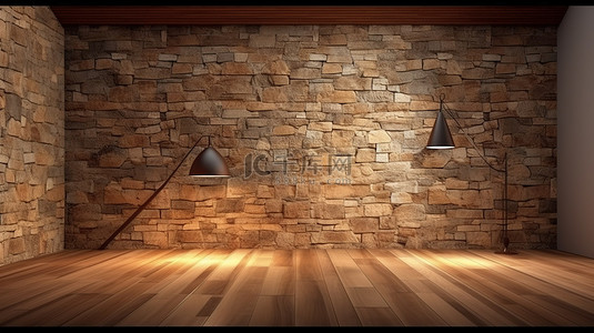 宽敞房间的 3D 渲染，配有石墙斜屋顶硬木地板和壁灯