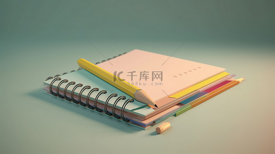 笔记本上充满活力的索引卡和铅笔，采用柔和的 3D 渲染