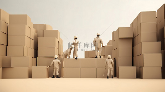 纸箱打包背景图片_三名员工的多叠纸板箱的 3d 表示