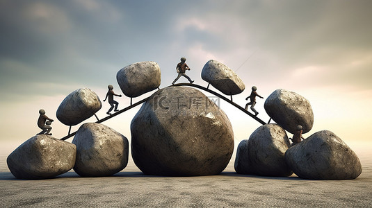 商业中的团结 3D 渲染岩石或巨石被举起作为团体力量和组织的象征