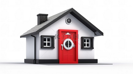 安全的家背景图片_时尚的小屋住宅设有安全的银行保险箱垫门，以白色背景的 3D 渲染呈现