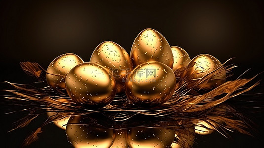 闪闪发光的巧克力涂层金色复活节彩蛋 3D 渲染