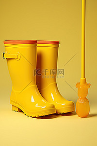一双黄色雨伞和橡胶雨鞋