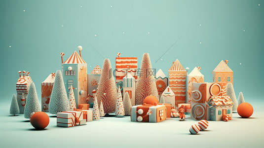 节日圣诞节场景抽象装饰树屋糖果礼品盒 3D 渲染