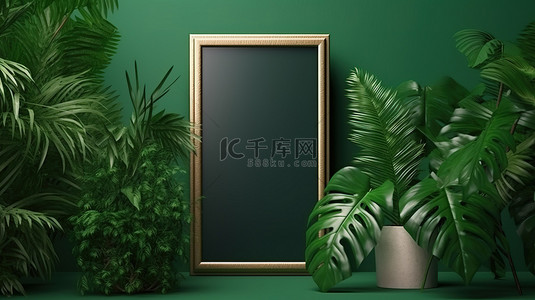 绿墙上的空白垂直相框有足够的定制空间，非常适合带有植物 3D 渲染的海报和照片