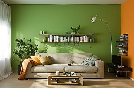 有橙色沙发和浅绿色墙壁的绿色客厅