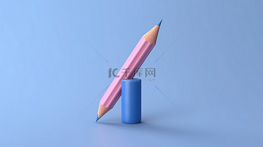 回到学校 3D 渲染蓝色铅笔在最小的粉红色背景上