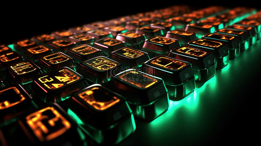 黑色键盘背景上发光字母的辐射键 3D 渲染