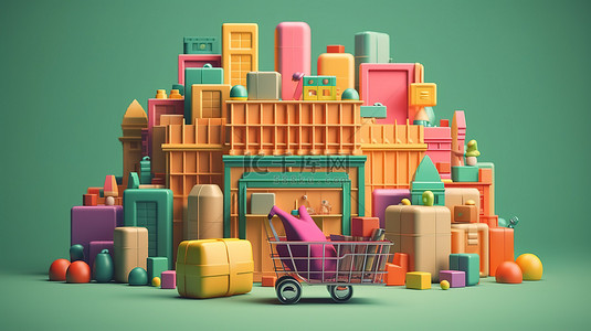 包包店铺店招背景图片_网上购物未来的插图 3D 渲染