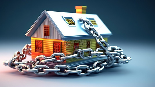 房屋安全背景图片_令人惊叹的 3D 渲染房屋，装饰有金属链和锁
