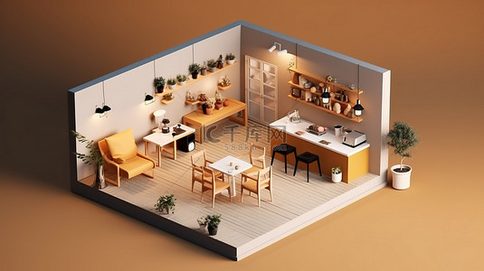 咖啡简餐背景图片_极简主义工业咖啡馆店采用等距视图室内建筑风格，开放式内部设置，配有桌椅