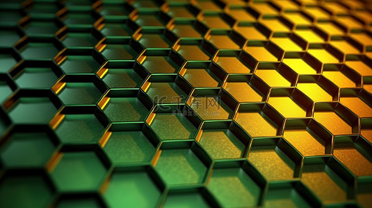 反光金属绿黄色蜂窝背景壁纸的 3D 渲染插图
