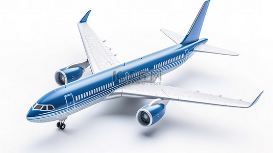白色背景展示了带有空客机翼的蓝色客机玩具的 3D 渲染
