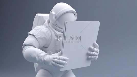 宇航员在 3D 渲染的笔记本模型中指着手指，非常适合设计和广告