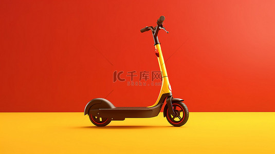 充满活力的红色和黄色背景上的红色当代电动滑板车的 3D 渲染