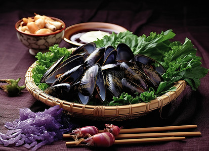 海鲜食品食品背景图片_桌上一碗蔬菜和一些海鲜