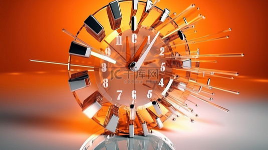 亚克力样机背景图片_充满活力的 3D 橙色时钟切片切割设计，带背光亚克力针和明亮的小时插图