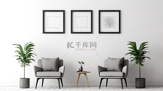 椅子海报背景图片_内部有椅子和海报框架模型的白墙背景的 3D 渲染