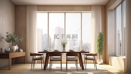 现代客厅 3D 渲染，用餐区靠近窗户