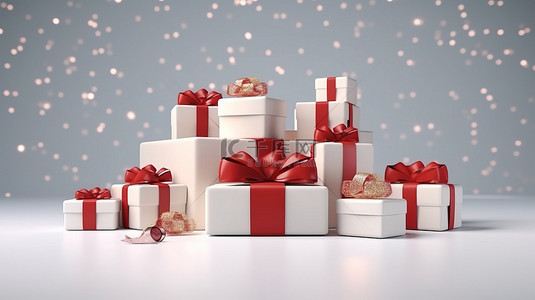 红白丝带礼物背景图片_喜庆节日设计逼真红白丝带礼盒3D效果图
